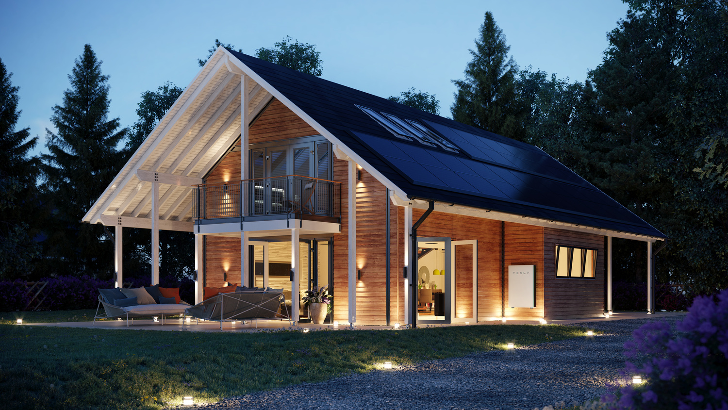 Powerwall 2 Nachts an einem Haus mit Beleuchtung und Sichtbarem Dachsolarpanelen